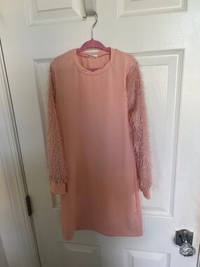 Pink Fuzzy Sleeve Ribbed Tunic Dress